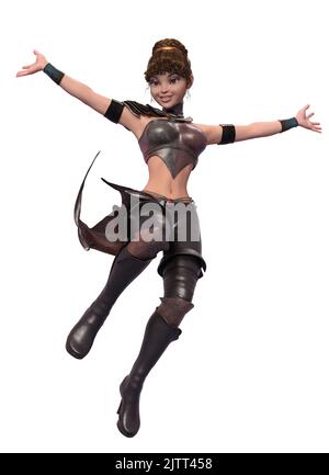 Fantasy cartoon girl wears corsair, warrior outfit, 3D Illustration. Stock Photo