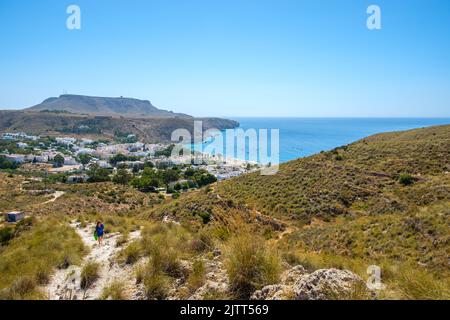 Agua Amarga village, from top of mountain, in Gata Cape Natural Park (Cabo de Gata in Spanish), wild and beautiful famous destination, in Almeria (And Stock Photo