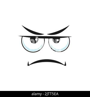 Cartoon face, vector displeased emoji with squinted eyes look sullenly and closed mouth with corners curved down. Negative facial expression, sullen feelings isolated on white background Stock Vector