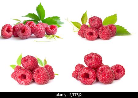 Raspberry isolated on white background. Set of different composition of raspberries. Stock Photo