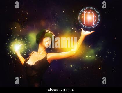 Woman with green hair on starry background, Virgo zodiac sign, 3D Illustration. Stock Photo