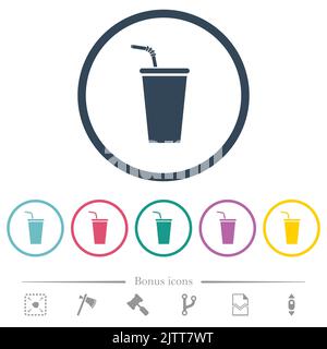 Disposable drinking cup with straw solid flat color icons in round outlines. 6 bonus icons included. Stock Vector