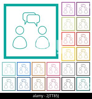 Two talking persons with rounded square bubbles outline flat color icons with quadrant frames on white background Stock Vector