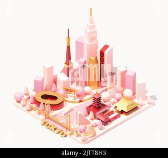 Vector isometric Tokyo skyline, Japan. Low poly illustration. Fictional isometric map. Tokyo landmarks and famous buildings Stock Vector