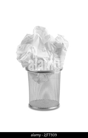 Wastepaper bin with large screwed up paper crammed on top. cut out on white background Stock Photo