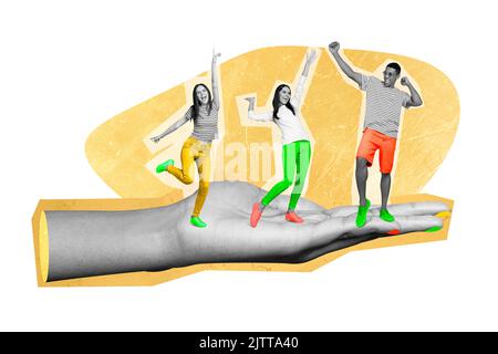 Exclusive minimal magazine sketch collage of big hand holding three funny positive dancing young students man women party disco have fun Stock Photo