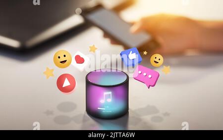smart speaker with social network icons Stock Photo