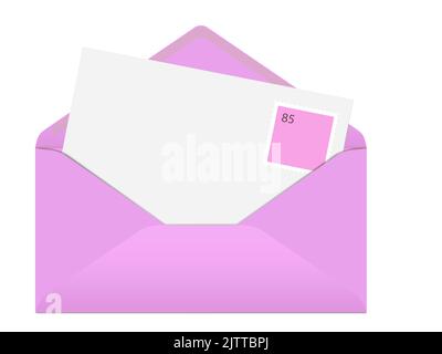 Envelope with blank card and postage stamp against white background, isolated, 3D illustration Stock Photo