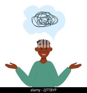 Young confused black man in cartoon flat style. Concept of confusion, difficult choices, confused thoughts, not knowing what to do. Vector illustratio Stock Vector