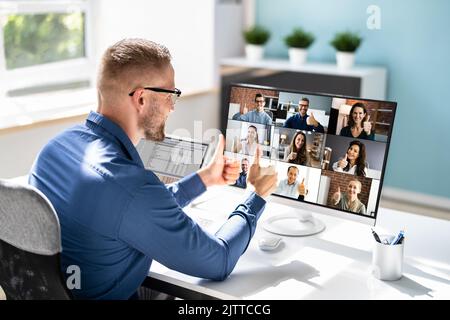 Online Video Conference Work Webinar On Desktop Stock Photo