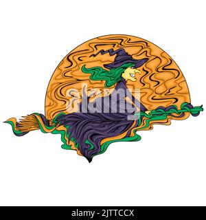 Halloween illustration. Cheerful witch on a broom against the background of the moon. Stock Vector