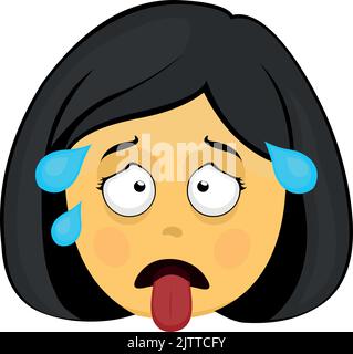 Vector emoticon illustration of a yellow exhausted cartoon woman face, with drops of sweat and tongue out Stock Vector
