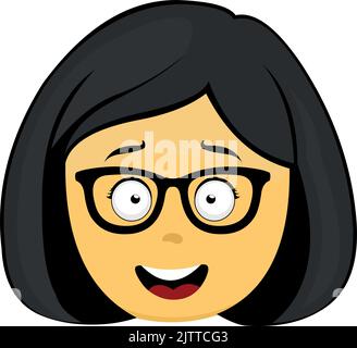 Vector emoticon illustration of a yellow cartoon woman face with a happy expression and nerdy glasses Stock Vector
