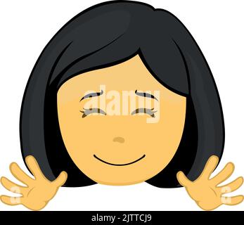 Vector emoji illustration of a yellow cartoon girl with a happy expression and waving her hands Stock Vector