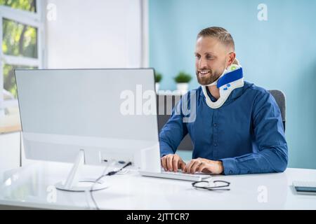 Disability Accident In Office. Broken Neck Brace Stock Photo