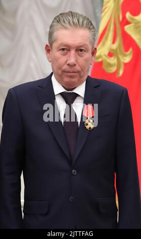 Russia's state media reports that LUKOIL Chairman Ravil Maganov - a critic of Putin's invasion of Ukraine - has died after falling from a window at the Central Clinical Hospital near Moscow, Russia. Pictured is LUKOIL's in 2019 at a ceremony for presenting state decorations. The Order of Alexander Nevsky was awarded to Maganov. Russia's second largest oil company made headlines in early March after speaking out against Russia's invasion of Ukraine. Photo: Russian President's Office Stock Photo