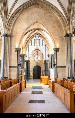 London, UK - August 20, 2022: Impressive Temple Church in the City of London. Temple Church was built by Templars in the 12th century and is a popular Stock Photo