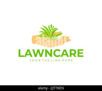 Lawn care, hand or palm holds the grass, logo design. Landscape design, landscaping, planting of greenery and floriculture, vector design Stock Vector