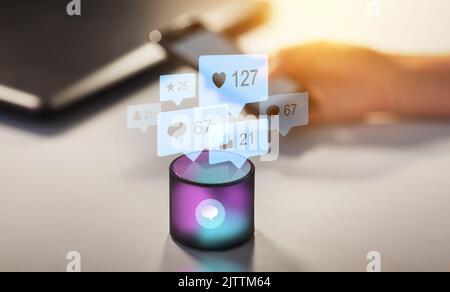 smart speaker with social network icons Stock Photo