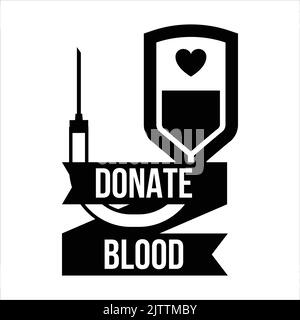 Donate Blood vector black icon - blood bag - dripping blood, ribbon, heart, world blood donor day -donation, health, and wellness, charity Stock Vector