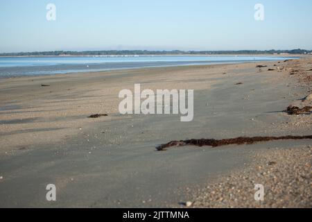 Focus on the sand of the beach lit by the sun, the beach in the distance as well as the sea are blurred. Stock Photo