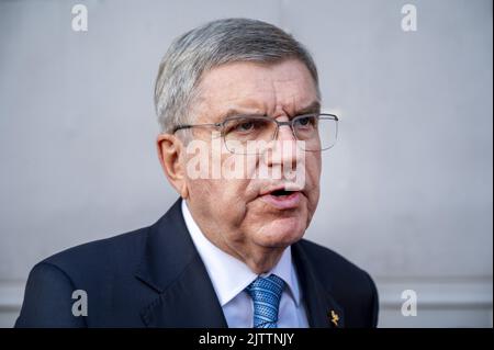 AMSTERDAM - President Thomas Bach of the International Olympic Committee during the 50th anniversary of the Olympic Games in Munich in 1972, organized by NOC*NSF. A Palestinian terror organization took 11 Israeli athletes and officials hostage during the Games, all of whom died. ANP EVERT ELZINGA Stock Photo