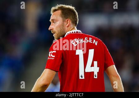 1st September 2022; The King Power Stadium, Leicester, Leicestershire, England; Premier League Football, Leicester City versus Manchester United; Christian Eriksen of Manchester United Stock Photo