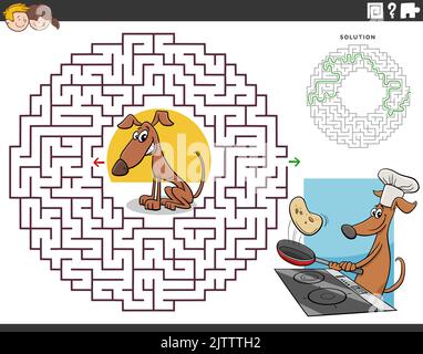Cartoon illustration of educational maze puzzle game for children with dog making pancakes Stock Vector