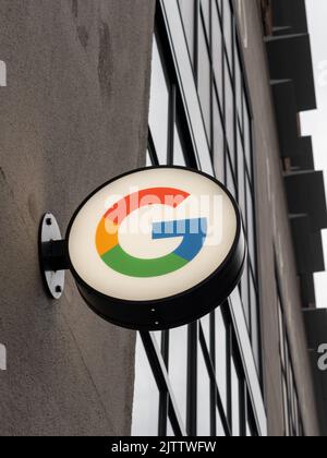 New York City, NY, USA - August 22, 2022: Close up of Google sign on its office building in New York City, USA. Stock Photo