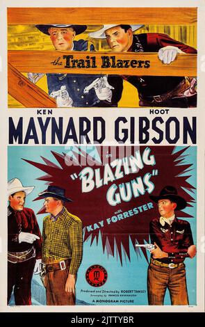 Vintage film poster - Western - Ken Maynard and Hoot Gibson in Blazing Guns - The Trail Blazers. 1943. Stock Photo