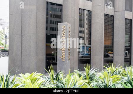 New York City, USA - August 21, 2022: A Charles Schwab sign outside its office building in Manhattan, NYC, USA. Stock Photo
