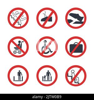 Set of accident prevention signs on escalators. Stock Vector