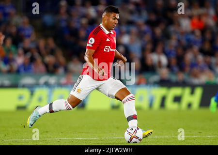 1st September 2022; The King Power Stadium, Leicester, Leicestershire, England;  Premier League Football, Leicester City versus Manchester United; Casemiro of Manchester United Stock Photo