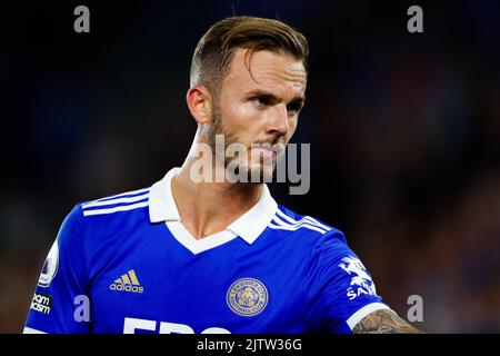 1st September 2022; The King Power Stadium, Leicester, Leicestershire, England; Premier League Football, Leicester City versus Manchester United; James Maddison of Leicester City Stock Photo