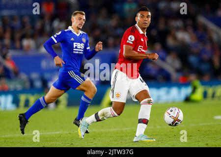 1st September 2022; The King Power Stadium, Leicester, Leicestershire, England; Premier League Football, Leicester City versus Manchester United; Casemiro on the ball Stock Photo