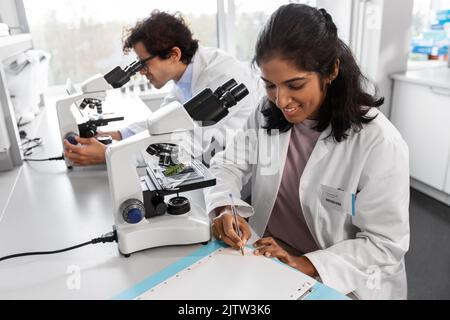scientists with microscopes working in laboratory Stock Photo