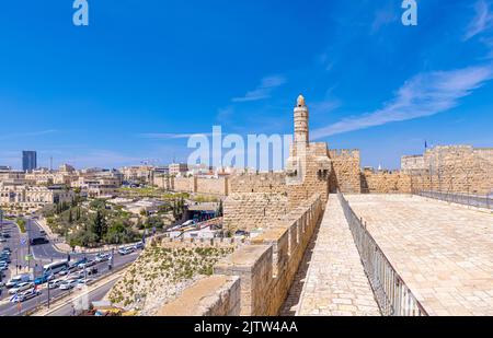 Jerusalem, Israel, scenic ramparts walk over walls of Old City with panoramic skyline views. Stock Photo