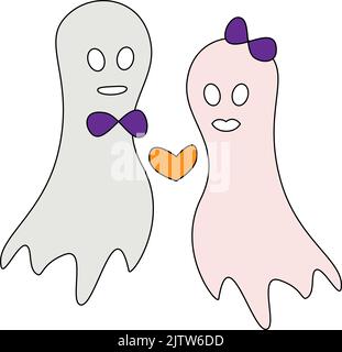 Two ghosts in love on a transparent background in trendy hues. Vector set for Halloween. Isolate. Happy Halloween. Trendy print design. Suitable for lettering, poster, greeting, wrapping paper, banner Stock Vector
