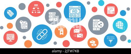 SEO landing page layout. Bookmark, Hosting, Hyperlink, Advertisement, Data Transfer web banner concept. Stock Vector