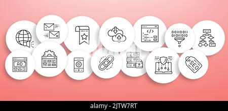 SEO banner with line icons. Bookmark, Hosting, Hyperlink, Advertisement, Data Transfer illustration for web or ui design. Stock Vector