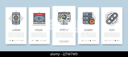 Set of SEO mobile app screens. Bookmark, Hosting, Hyperlink, Advertisement, Data vertical banners with color icons. Modern icons for website menu. Stock Vector