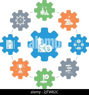 Start up modern icons in infographic circle. Time management, idea generation, presentation vector concept design. Stock Vector