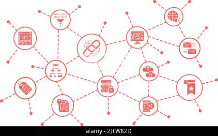 SEO business infographic with thin line icons. Bookmark, Hosting, Hyperlink, Advertisement, Data Transfer illustration design template. Stock Vector