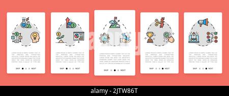 Set of Start up mobile app screens. Time management, idea generation, presentation vertical banners with colored line icons. Banner layout template. Stock Vector