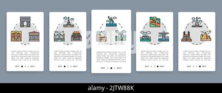 Set of Travel Landmark mobile app screens. Egypt, Italy, UK, France, India, USA vertical banners with colored line icons. Banner layout template. Stock Vector
