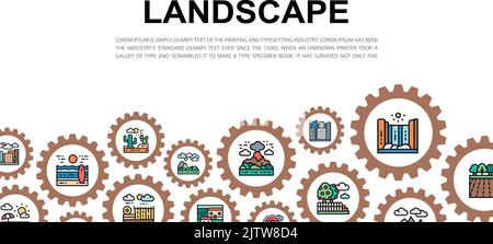 Landscape landing page with colored icons. Bridge, Forest, Garden, Volcano, Windmill vector website concept background. Stock Vector