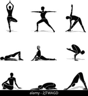 Yoga poses set of vector silhouette illustrations design isolated on white background for t-shirt graphics Stock Vector