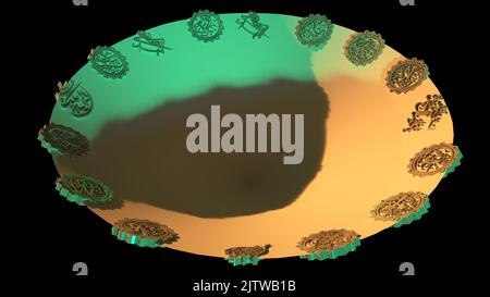 A 3D Illustration of an eating plate in which food is eaten. In 360 degrees, shown in Arabic, are names of the holiest figures in Shia Islam. Stock Photo