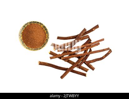 Ground stems of organic licorice - Glycyrrhiza glabra. Stock Photo