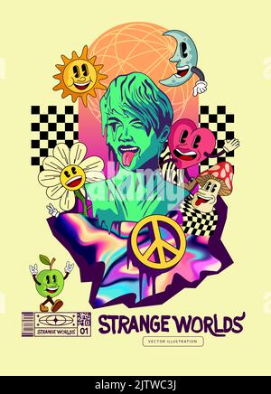 Acid psychedelic and surreal characters and elements events background. Vector illustration Stock Vector